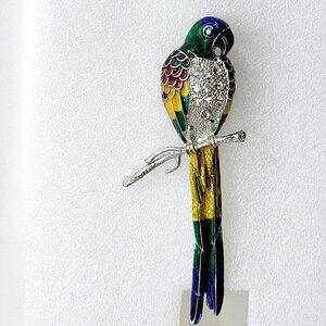 Huge Tropical Parrot Bird Blue Green Guilloche Enamel Rhinestones Brooch